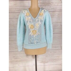 Vintage 80s Nordstrom Angora Hair Blend Sequin Beaded Knit Sweater Women’s Sz S
